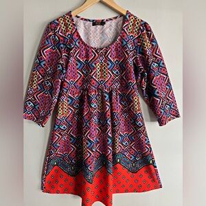 R&B Collection Geometric Boho Tunic Dress Red Blue Tribal Print XL
